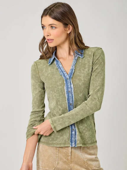 WASHED RIB THERMAL BUTTON DOWN TOP