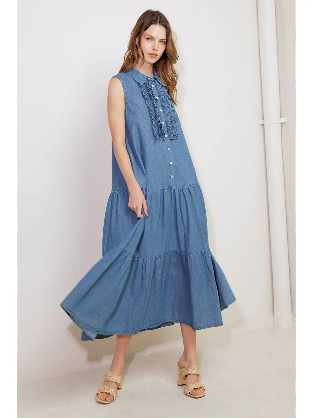 A washed denim midi dress
