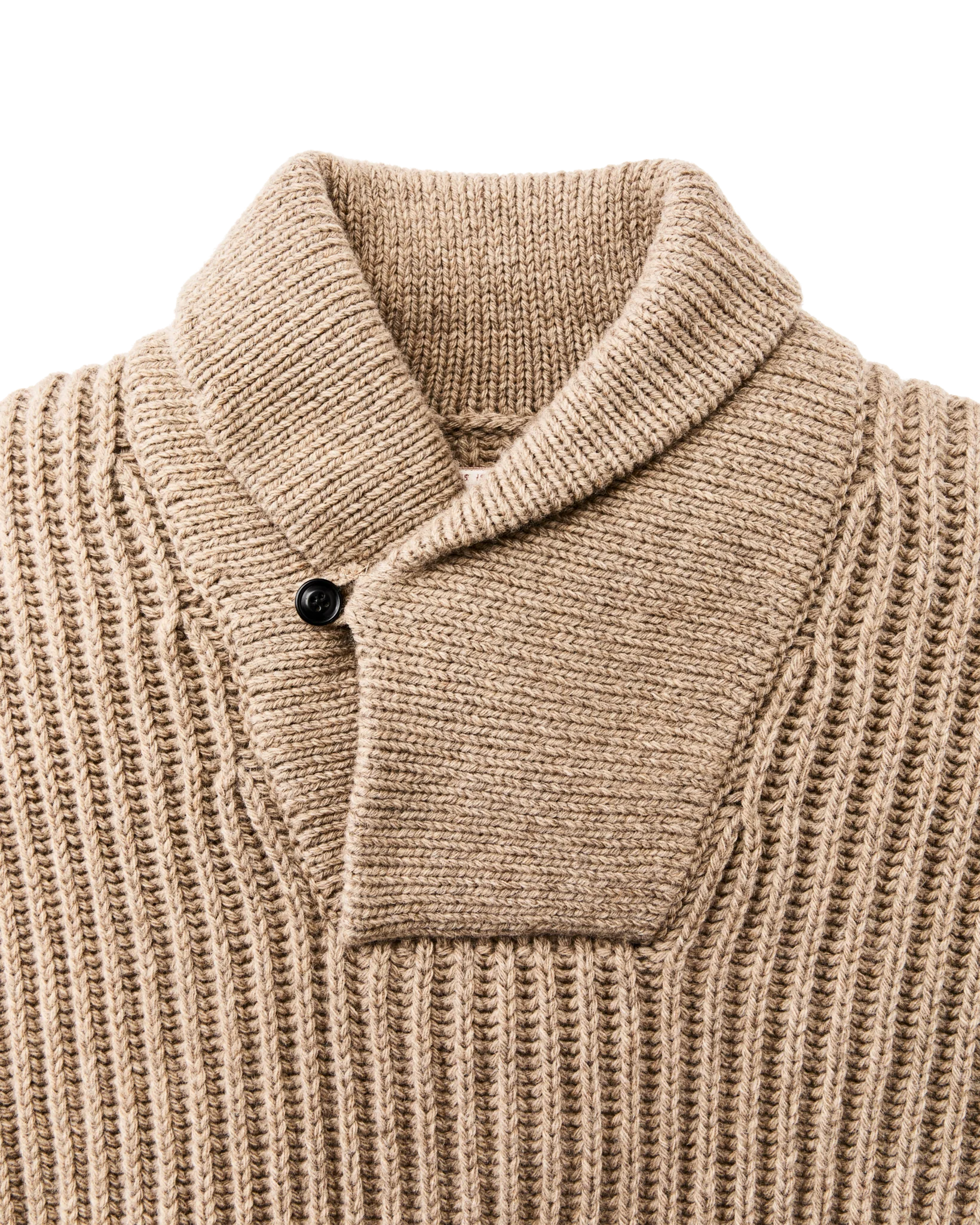 bristol shawl neck sweater heather oatmeal flame stripe close up