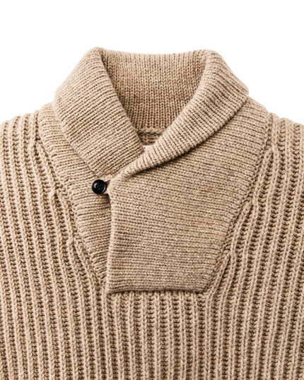 bristol shawl neck sweater heather oatmeal flame stripe close up