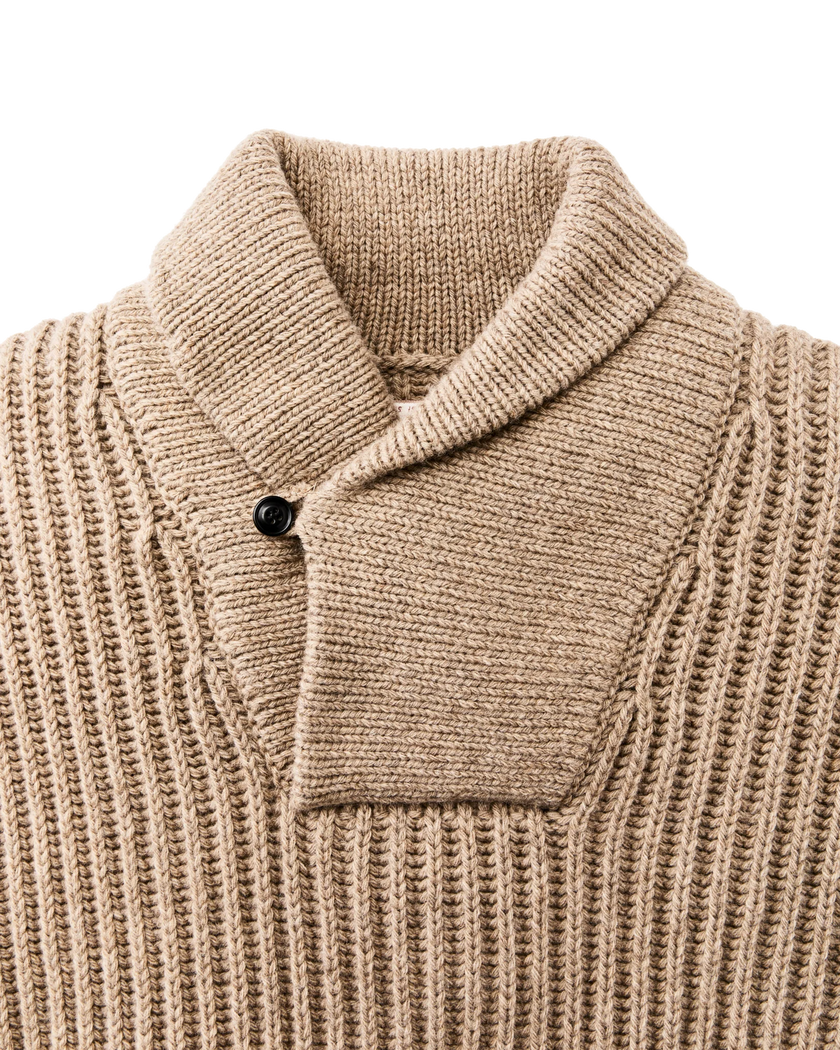 bristol shawl neck sweater heather oatmeal flame stripe close up