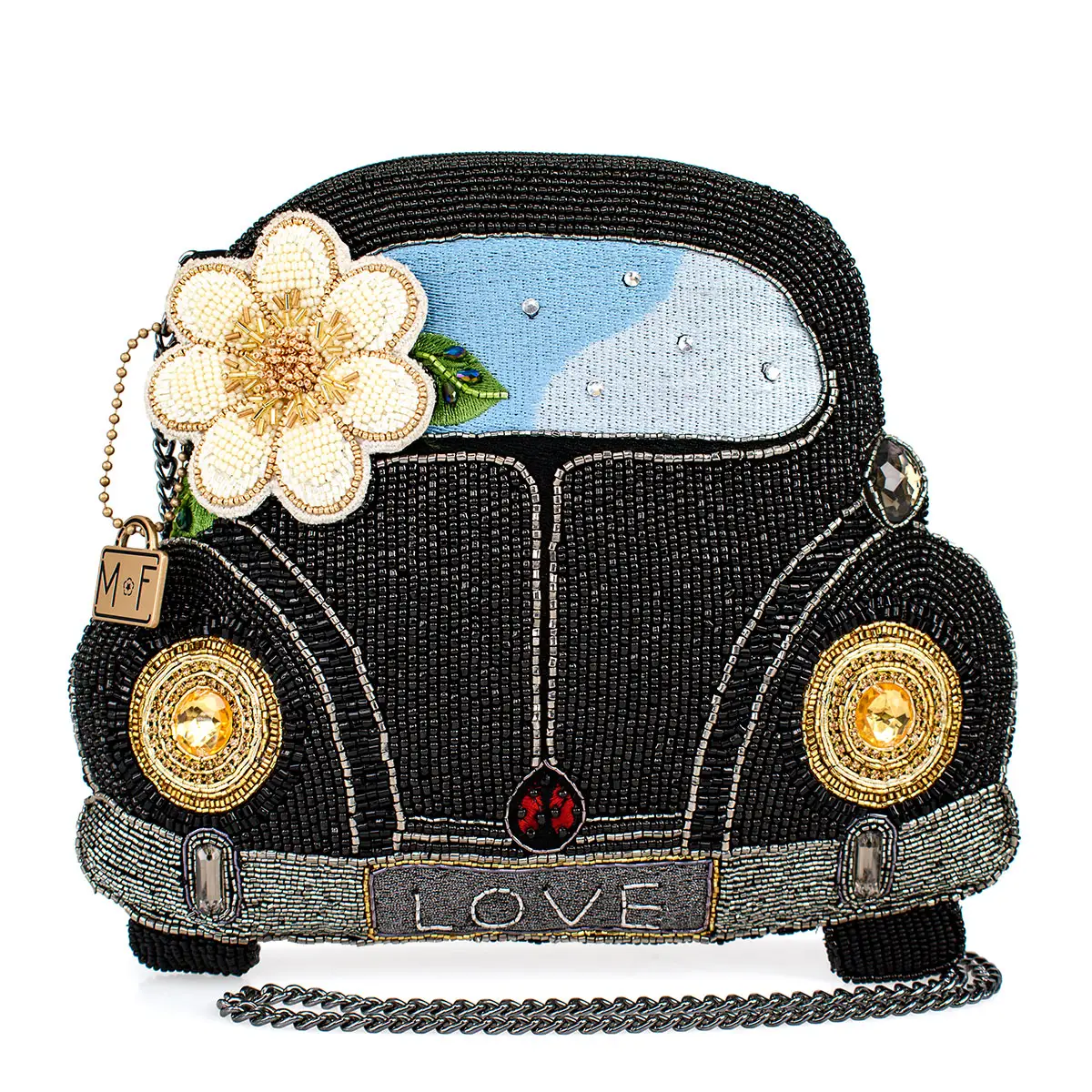 On the Road Black Car White Flower Beaded Crossbody Handbag front