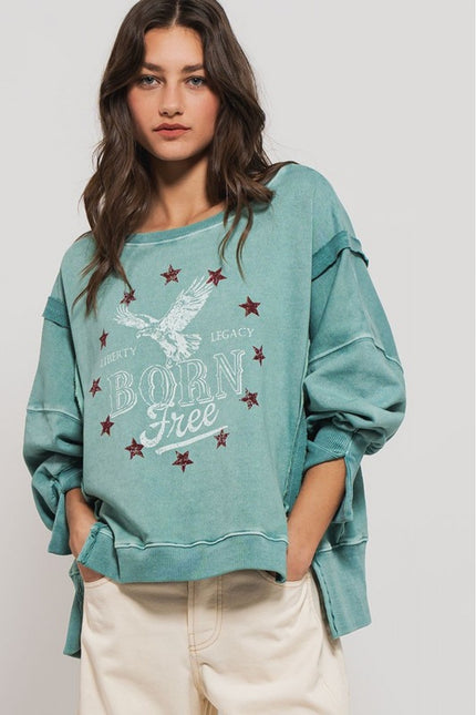 Americana born free graphic crewneck Teal grey front