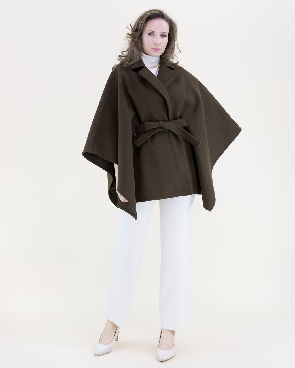 Notched Lapel Belted Tailored Cape olive
