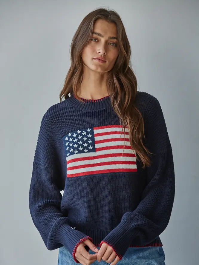 Knit Sweater Crew American Flag Pullover navy front