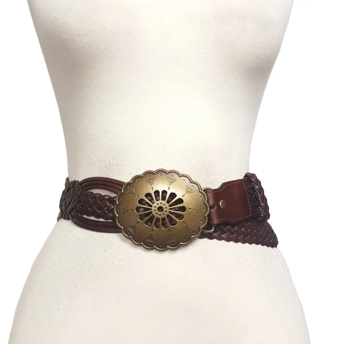 Hand Braided Leather Belt W Navajo-  Style Floral Buckle