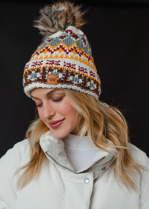 White & Multicolored Patterned Pom Hat