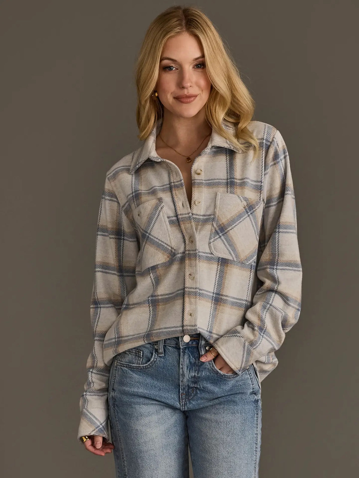 Autumns Plaid Button Up, cream/dusty blue/tan-front