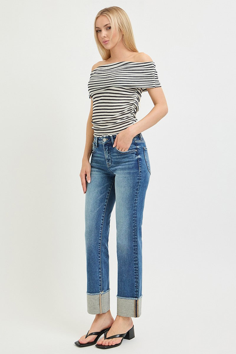 Mid Rise Ankle Straight Cuffed Jeans