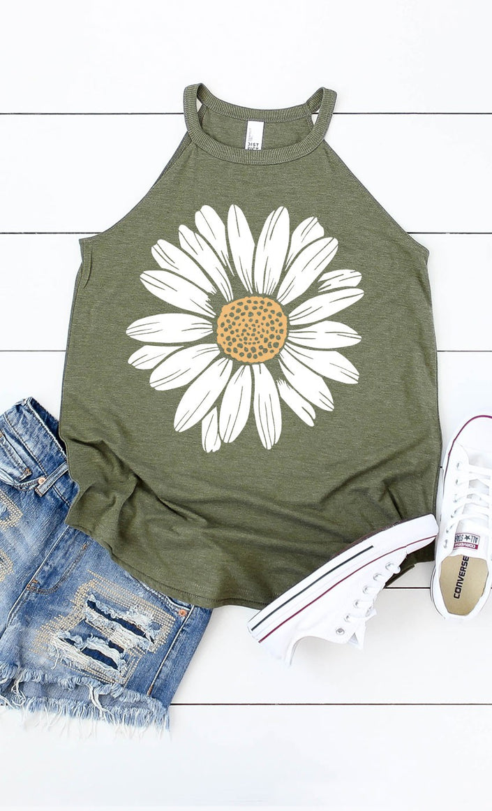 Daisy Flower Spring Floral Summer Bloom Tank Top heather olive