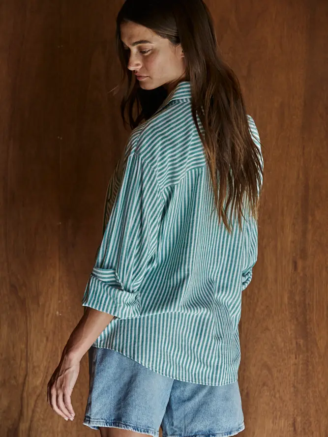Whitney Woven Button Up Shirt, green-back