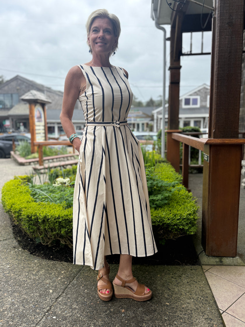 Agatha Striped Midi Dress, ecru navy-front