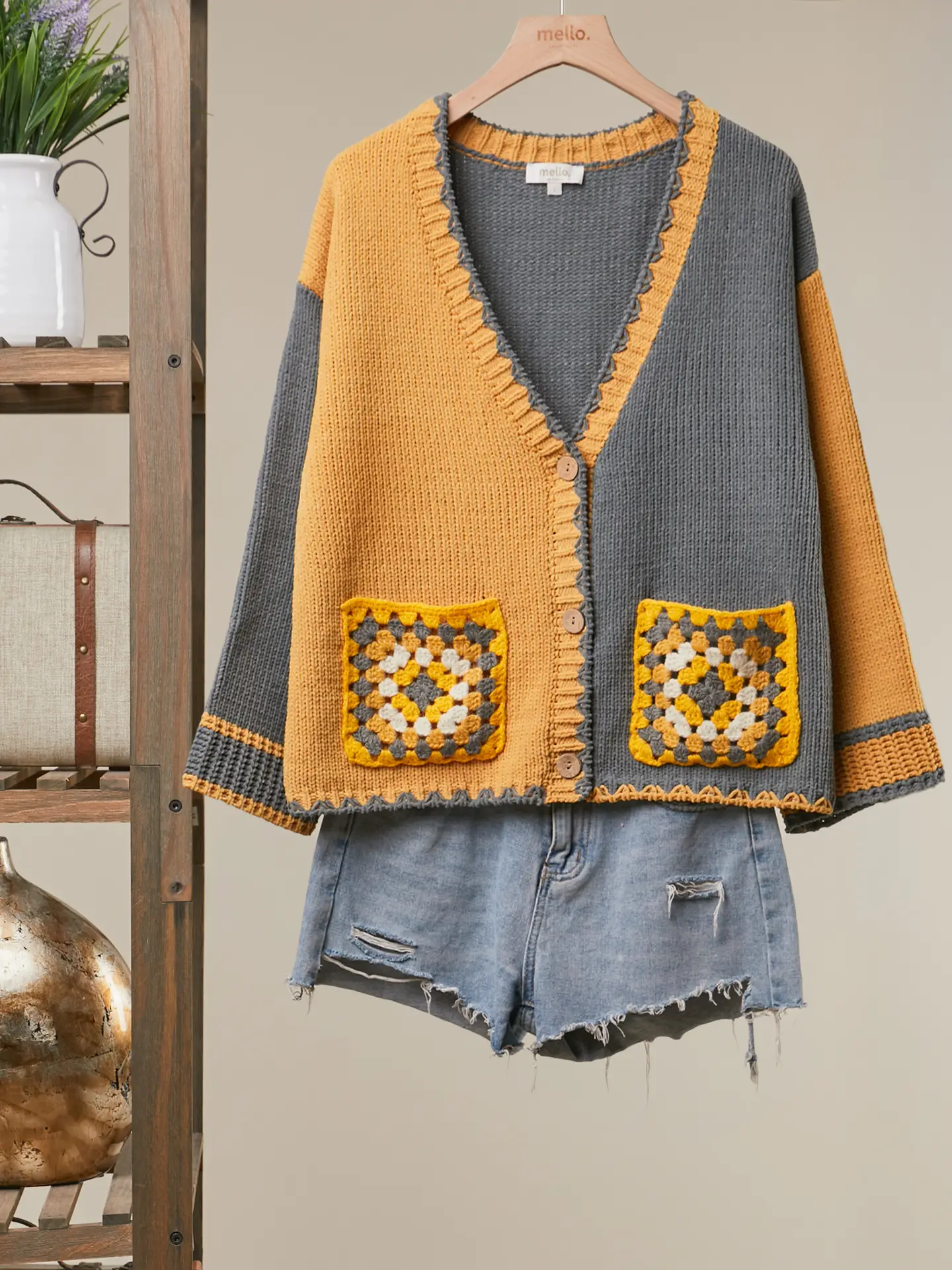 Embroidered Front Pocket Cardigan, mustard-front