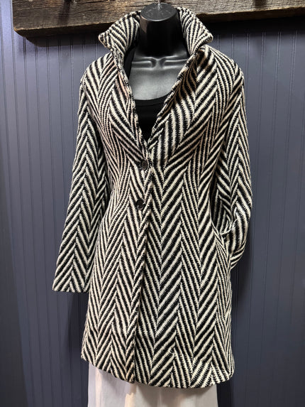 Chevron Notched Lapel Long Sleeve Coat, cream/black-front