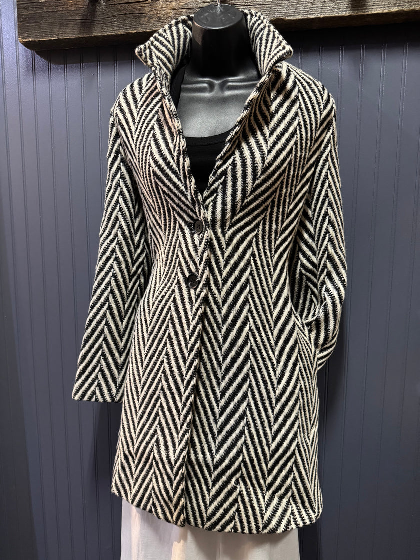 Chevron Notched Lapel Long Sleeve Coat