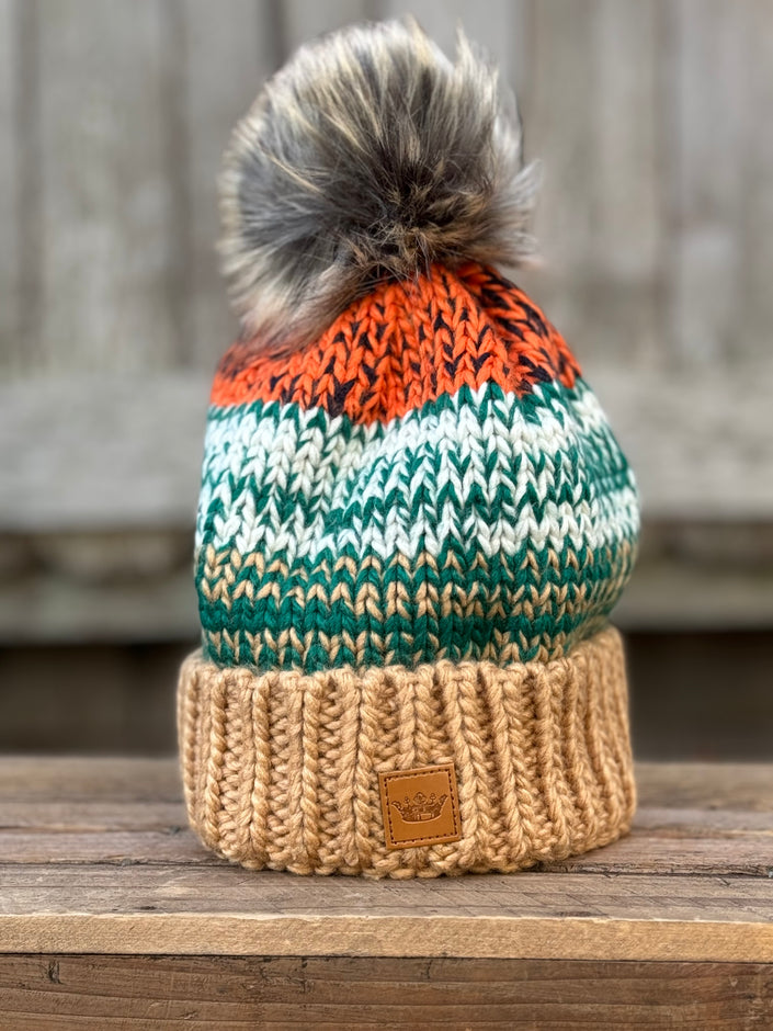 Camel, Green & Orange Patterned Pom Hat