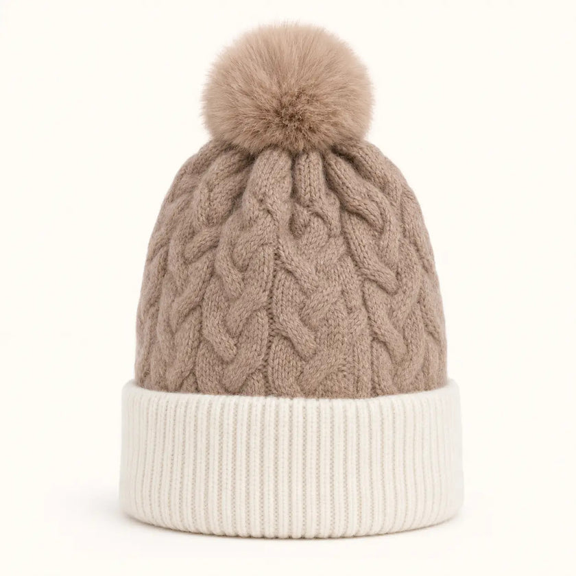 2-Tone Braided Cable Knit Pom Beanie