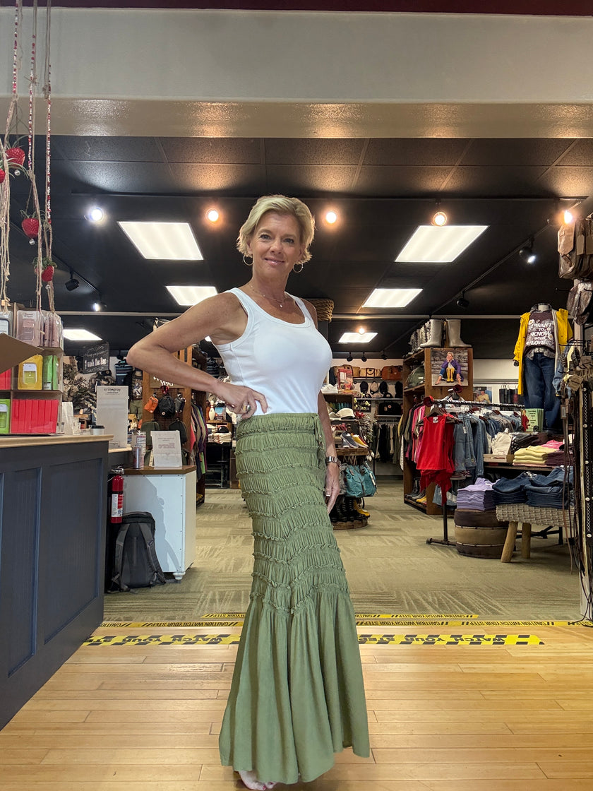 Tiered Ruffled Maxi Skirt-Lt Olive