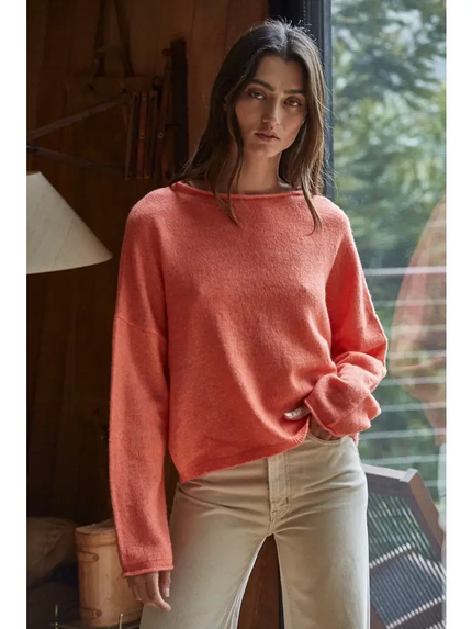 Knit Sweater Rolled Round Neck Pullover Top orange front