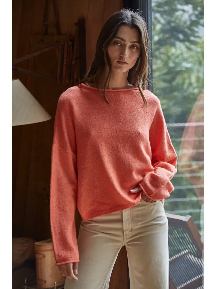 Knit Sweater Rolled Round Neck Pullover Top orange front