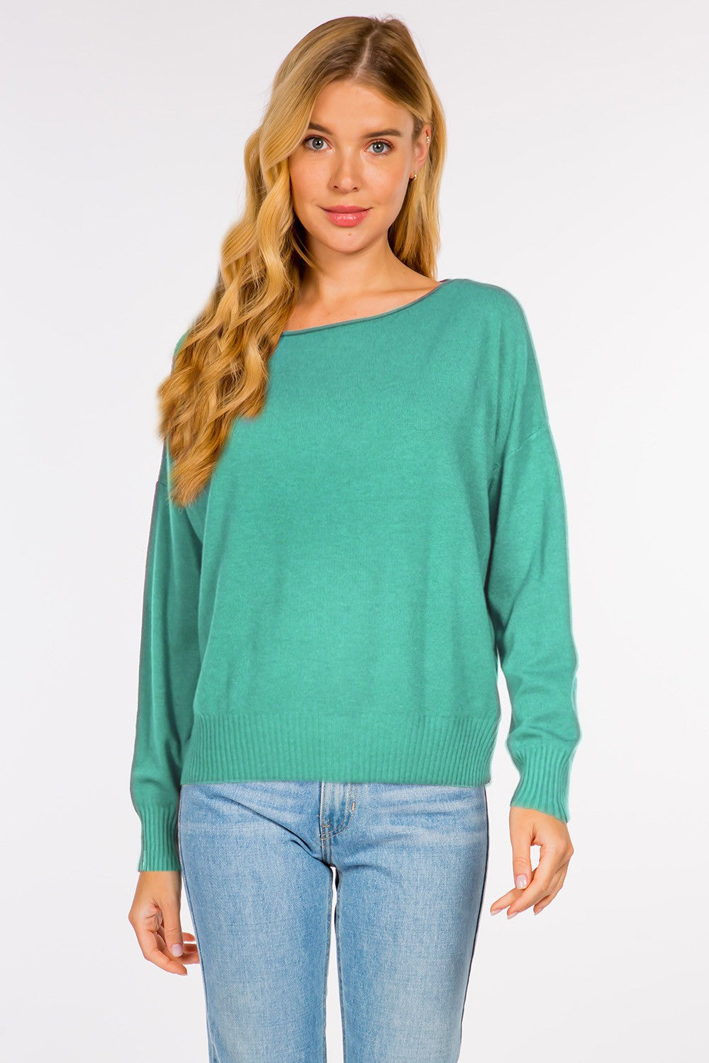Mandy Boat Neck Pullover Sweater -  Emerald
