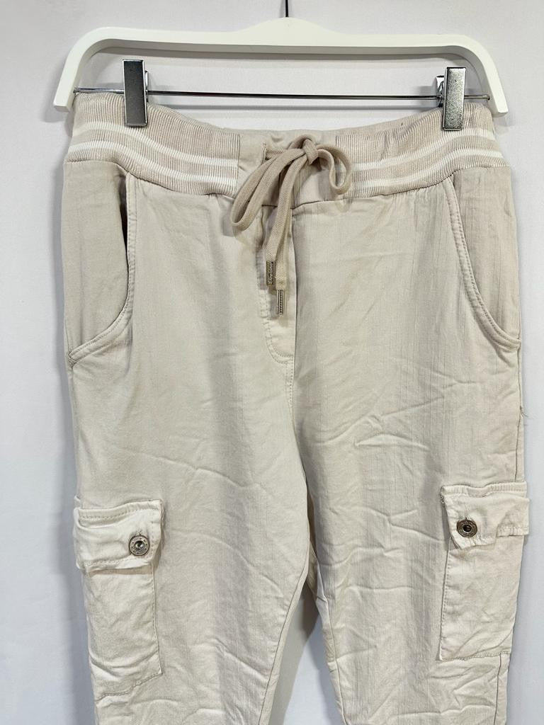 Darcy Solid Pinstripe Cargo Crinkle Jogger | Beige upclose