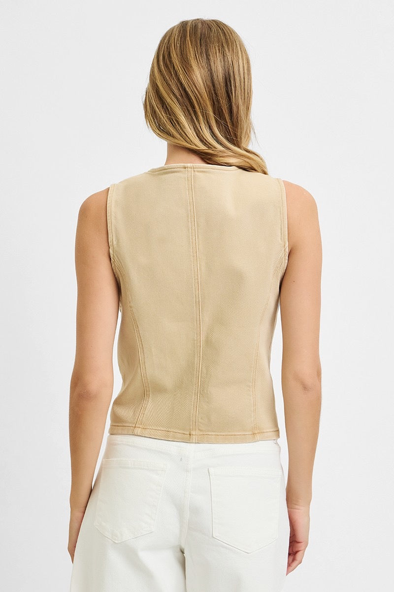 V-neck Button Down Vest latte back