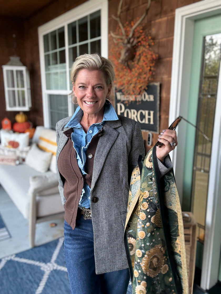 button down ruffle denim top front styled