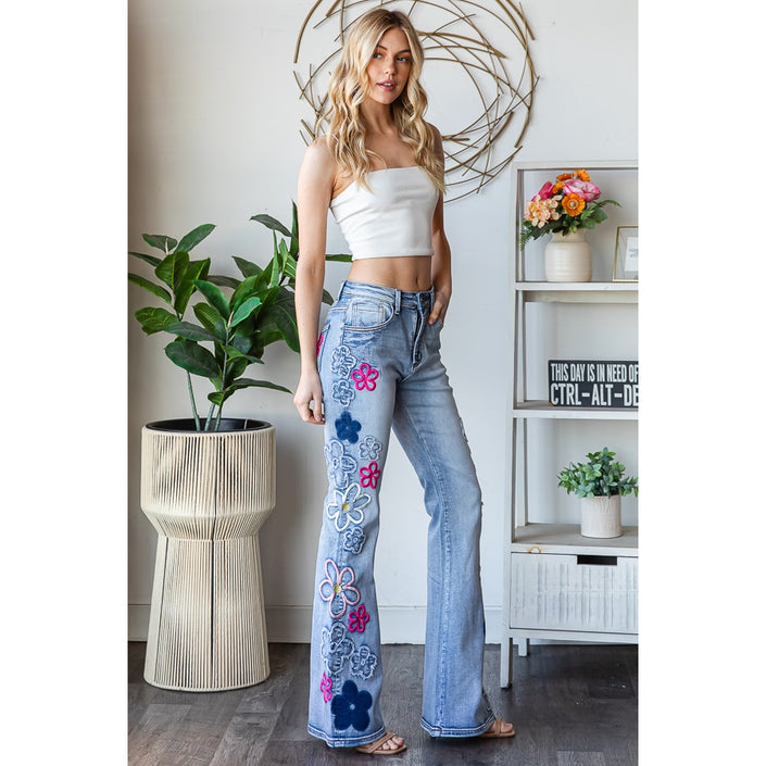 WASHED FLOWER EMBROIDERY DENIM PANTS right leg side