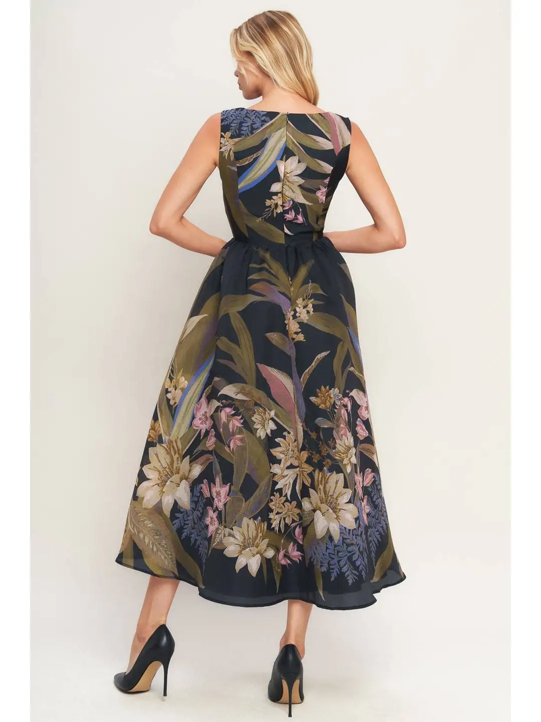 A Printed Woven Midi Dress, black-back