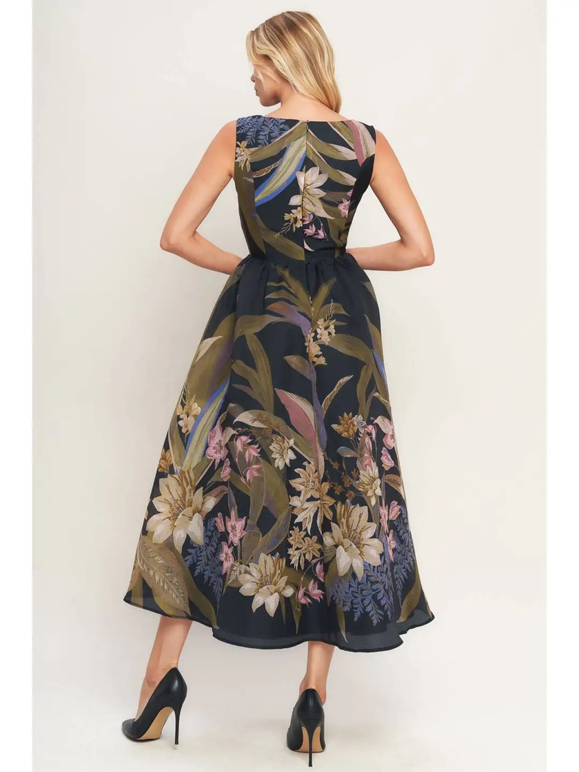 A Printed Woven Midi Dress, black-back
