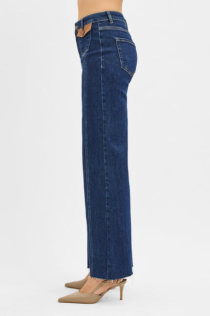 High Rise-Wide Flare-Front Leather Pocket Detail Jeans side