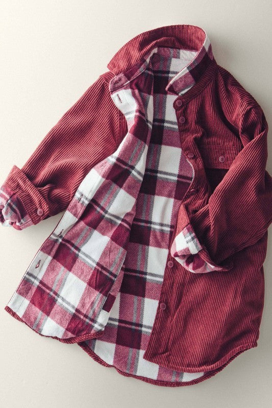 Reversible Cord Flannel Plaid Western Shacket