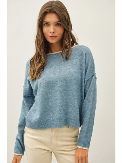 Contrast Layered-Look Boat Neck Cropped Sweater