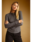 Half Snap Button Waffle Fabric Long Sleeve Top, charcoal-front