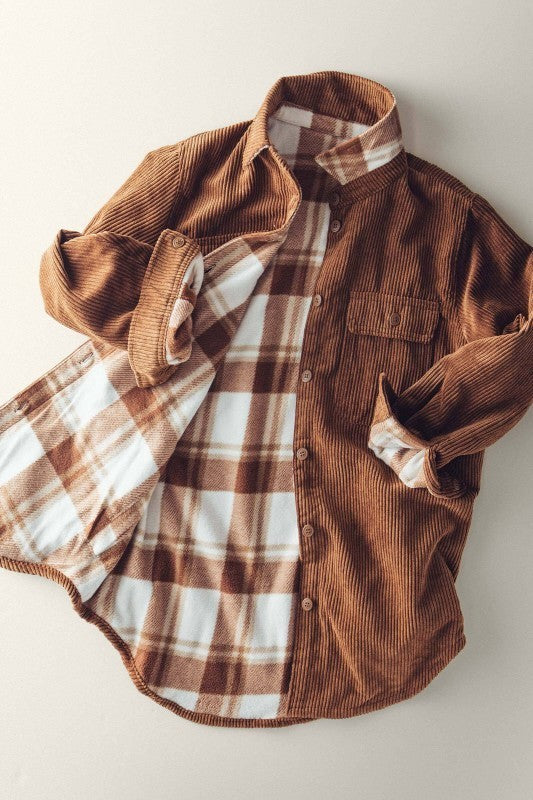 Reversible Cord Flannel Plaid Western Shacket