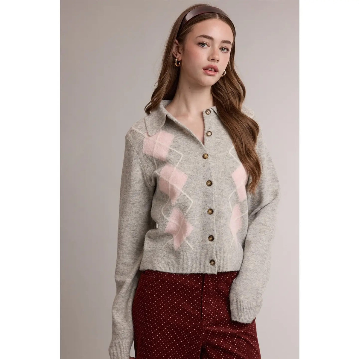 Argyle Collared Button Front Knit Cardigan