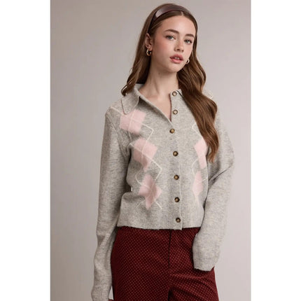 Argyle Collared Button Front Knit Cardigan