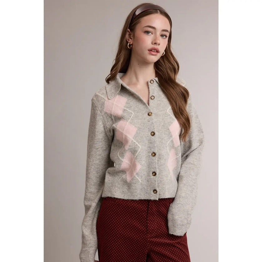 Argyle Collared Button Front Knit Cardigan
