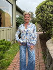 Soleil Border Blouse, blue cream tan print-front