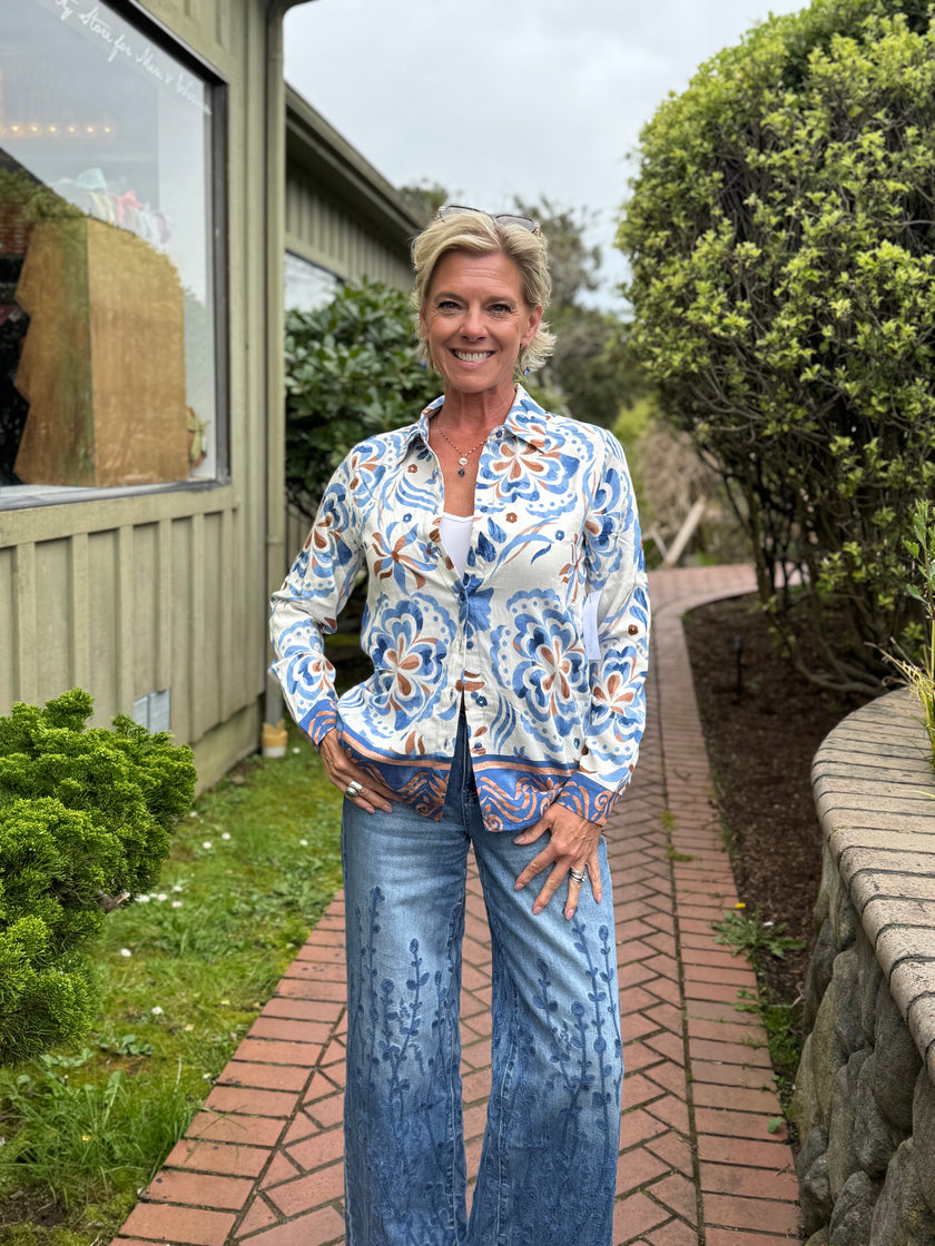 Soleil Border Blouse, blue cream tan print-front