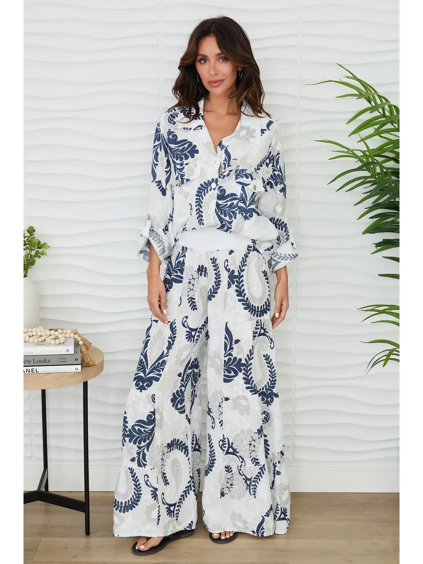 Paisley Print Linen Button Down Top with Pockets