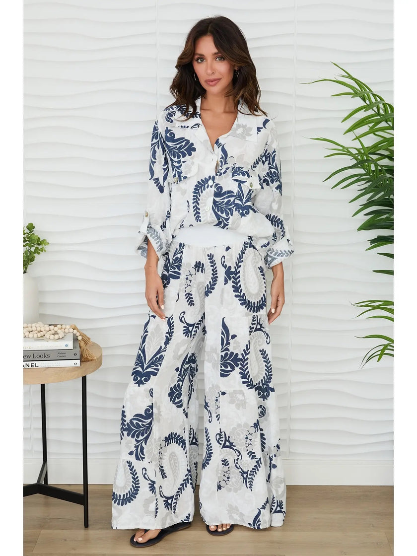 Paisley Print Linen Button Down Top with Pockets