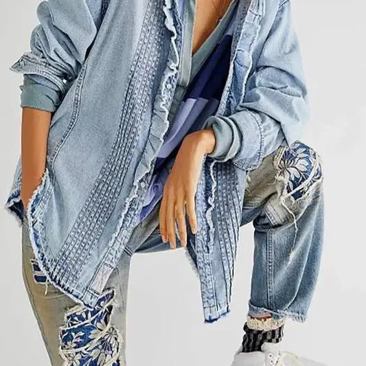 button down ruffle denim top