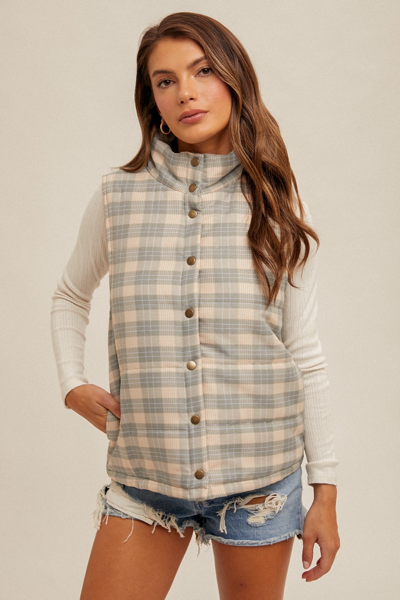 Snap Button Plaid Printed Puffer Vest