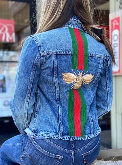 Distressed Denim Jacket With Red & Green Stripe Queen  Bee Back back