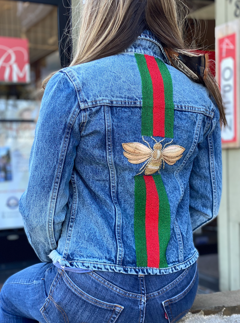 Distressed Denim Jacket With Red & Green Stripe Queen  Bee Back back