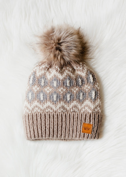 Tap Beige & Grey Patterned Pom Hat | Taupe front