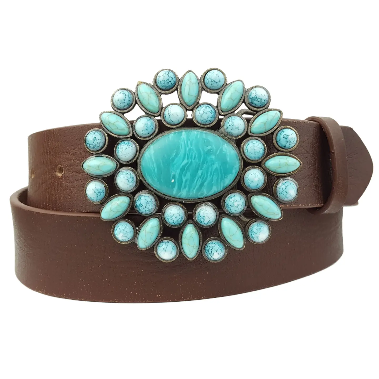 Genuine Leather Belt W. Western-Inspire Turq Buckle brown