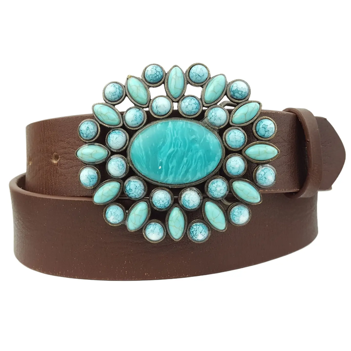 Genuine Leather Belt W. Western-Inspire Turq Buckle brown